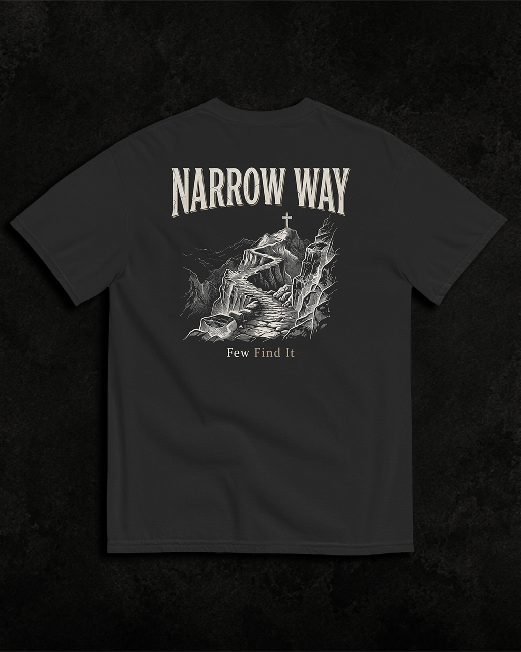 Narrow Way black heavyweight T-shirt with mountain path faith design - product-only view