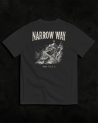 Narrow Way black heavyweight T-shirt with mountain path faith design - product-only view
