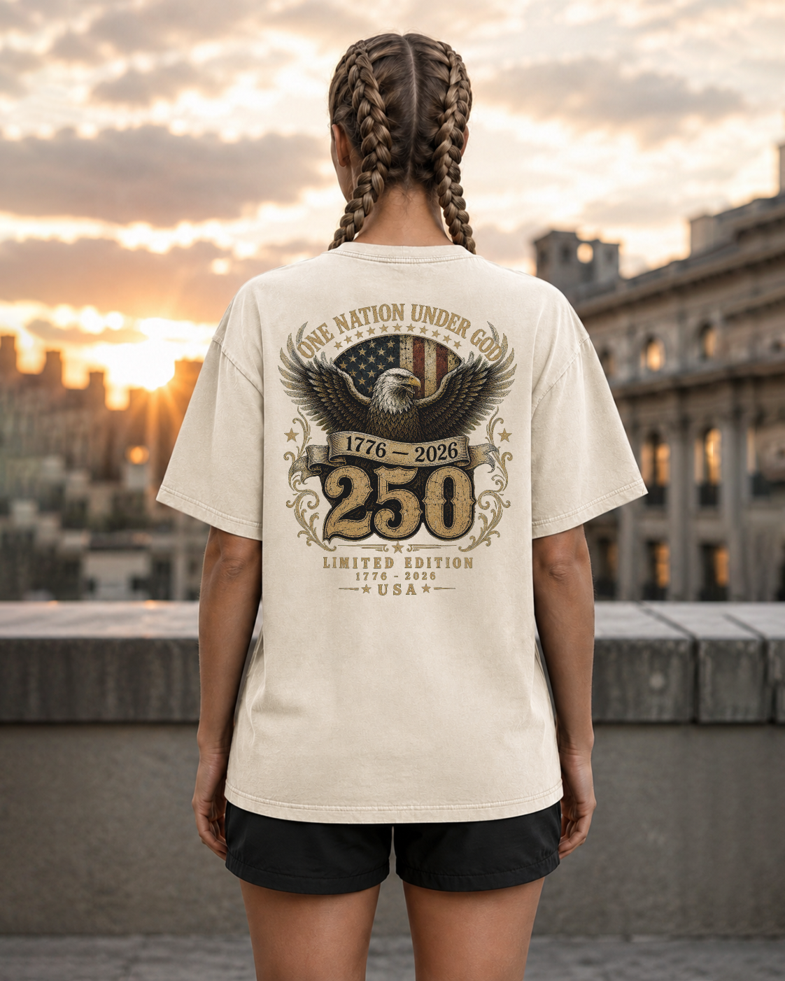One Nation ivory heavyweight T-shirt with patriotic eagle design - lifestyle view 1
