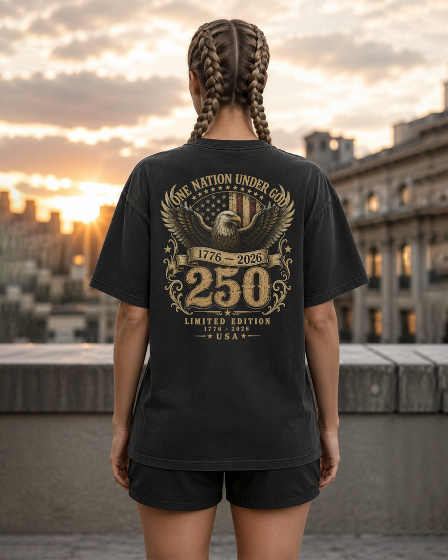 One Nation black heavyweight T-shirt with patriotic eagle design - lifestyle view 1