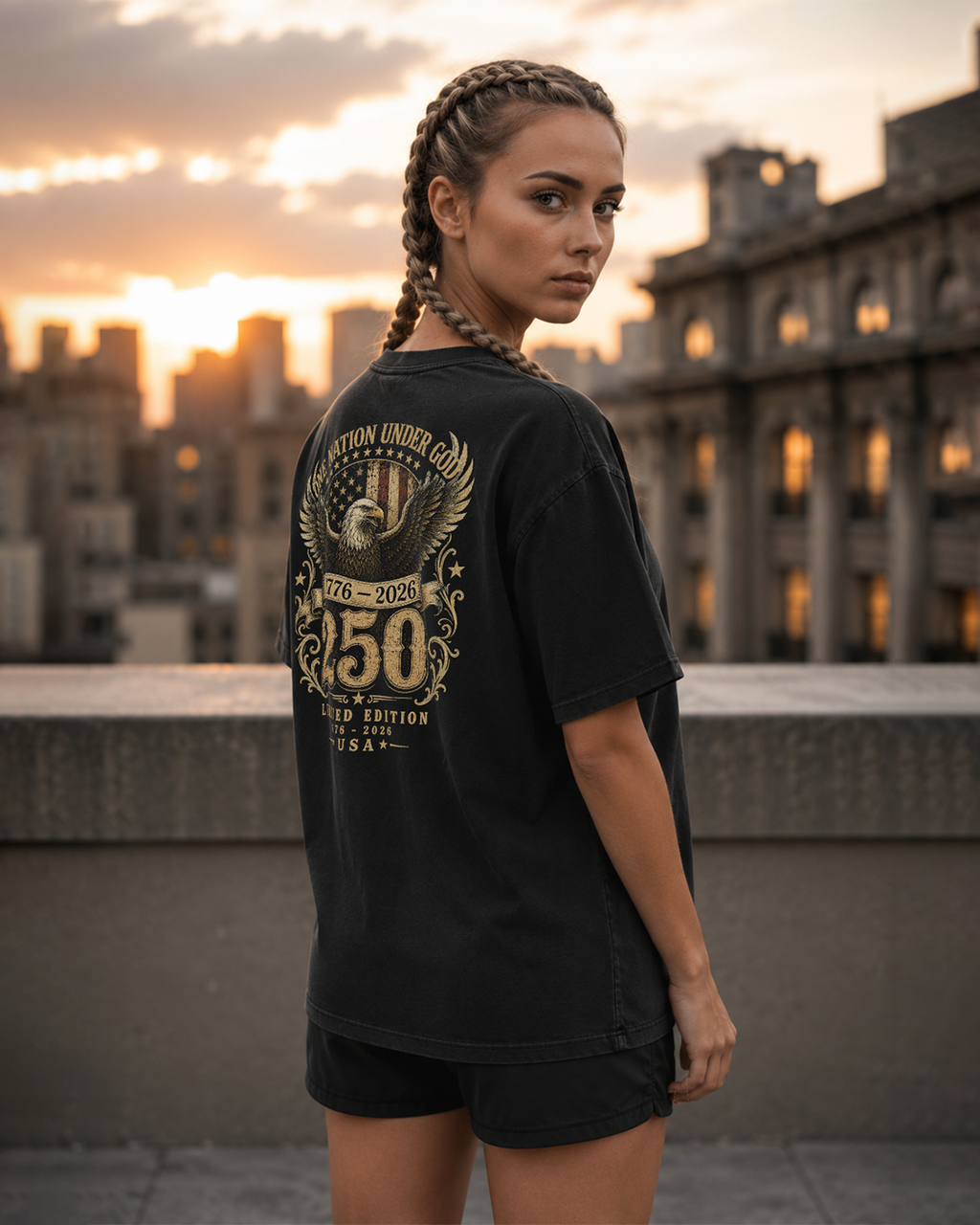One Nation black heavyweight T-shirt with patriotic eagle design - lifestyle view 2