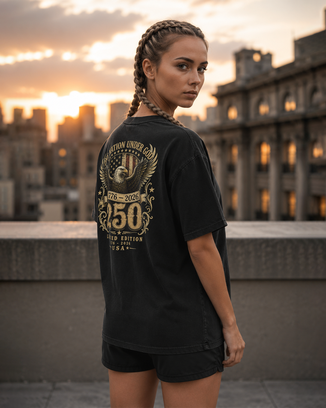 One Nation black heavyweight T-shirt with patriotic eagle design - lifestyle view 2
