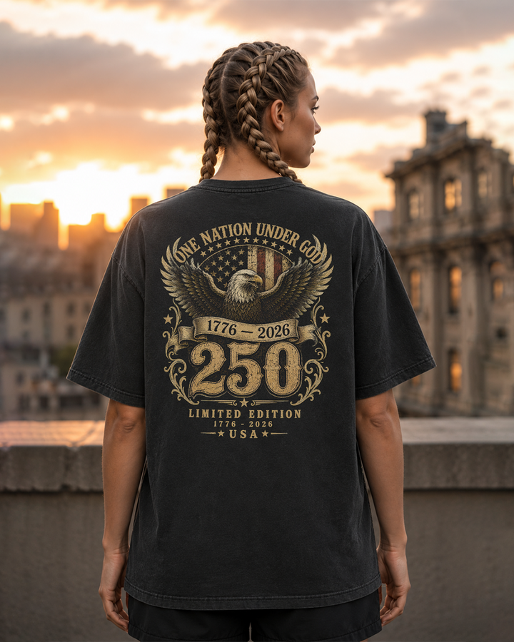 One Nation black heavyweight T-shirt with patriotic eagle design - lifestyle view 3
