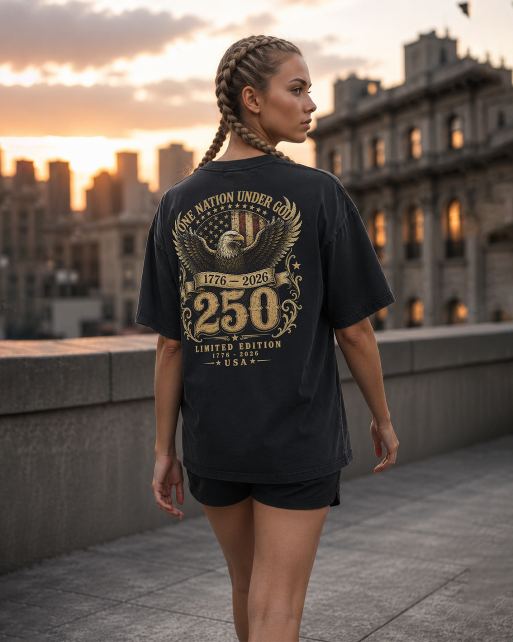 One Nation black heavyweight T-shirt with patriotic eagle design - lifestyle view 4