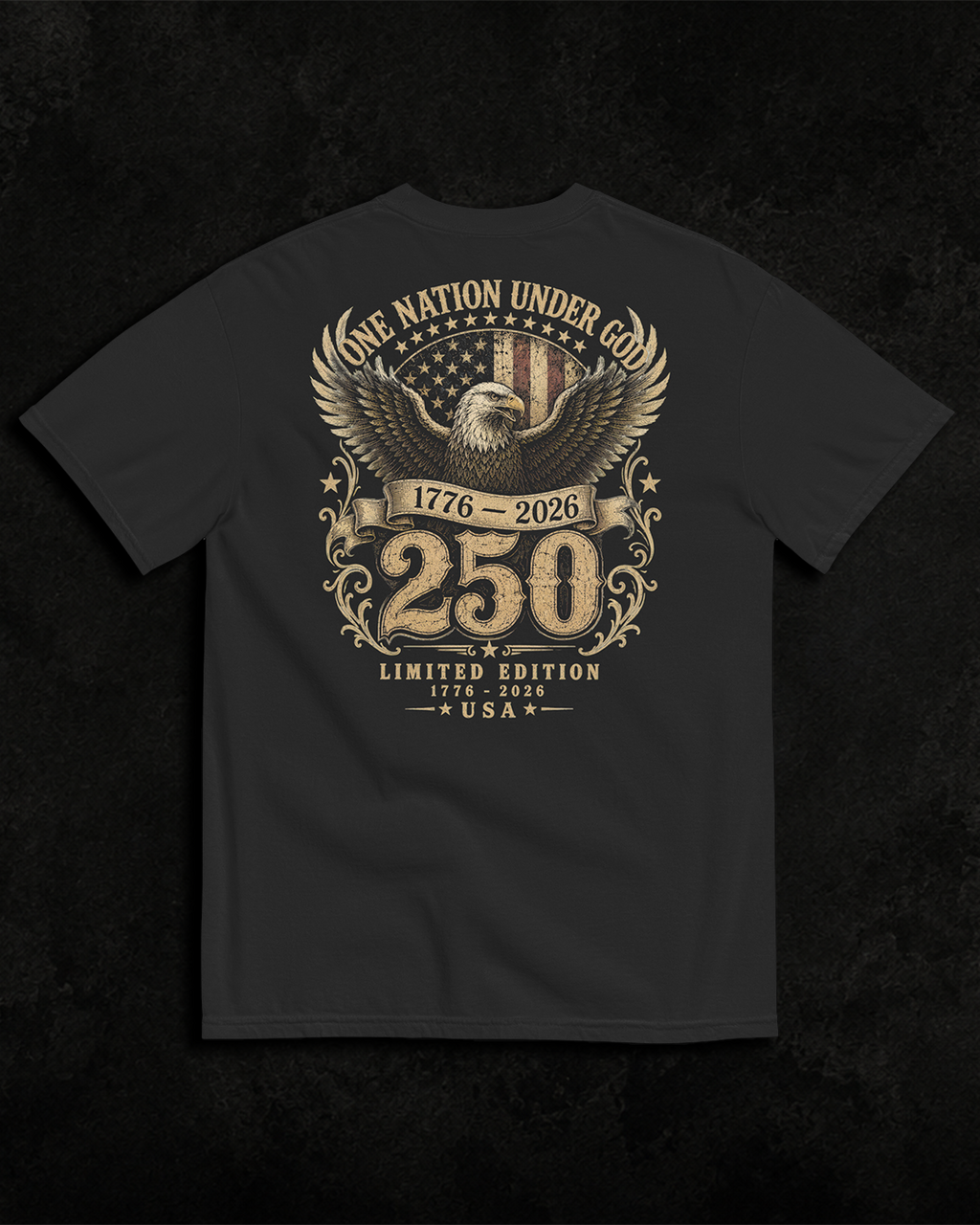 One Nation black heavyweight T-shirt with patriotic eagle design - product-only view