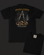 Purpose black heavyweight T-shirt with blueprint faith design - design flat lay