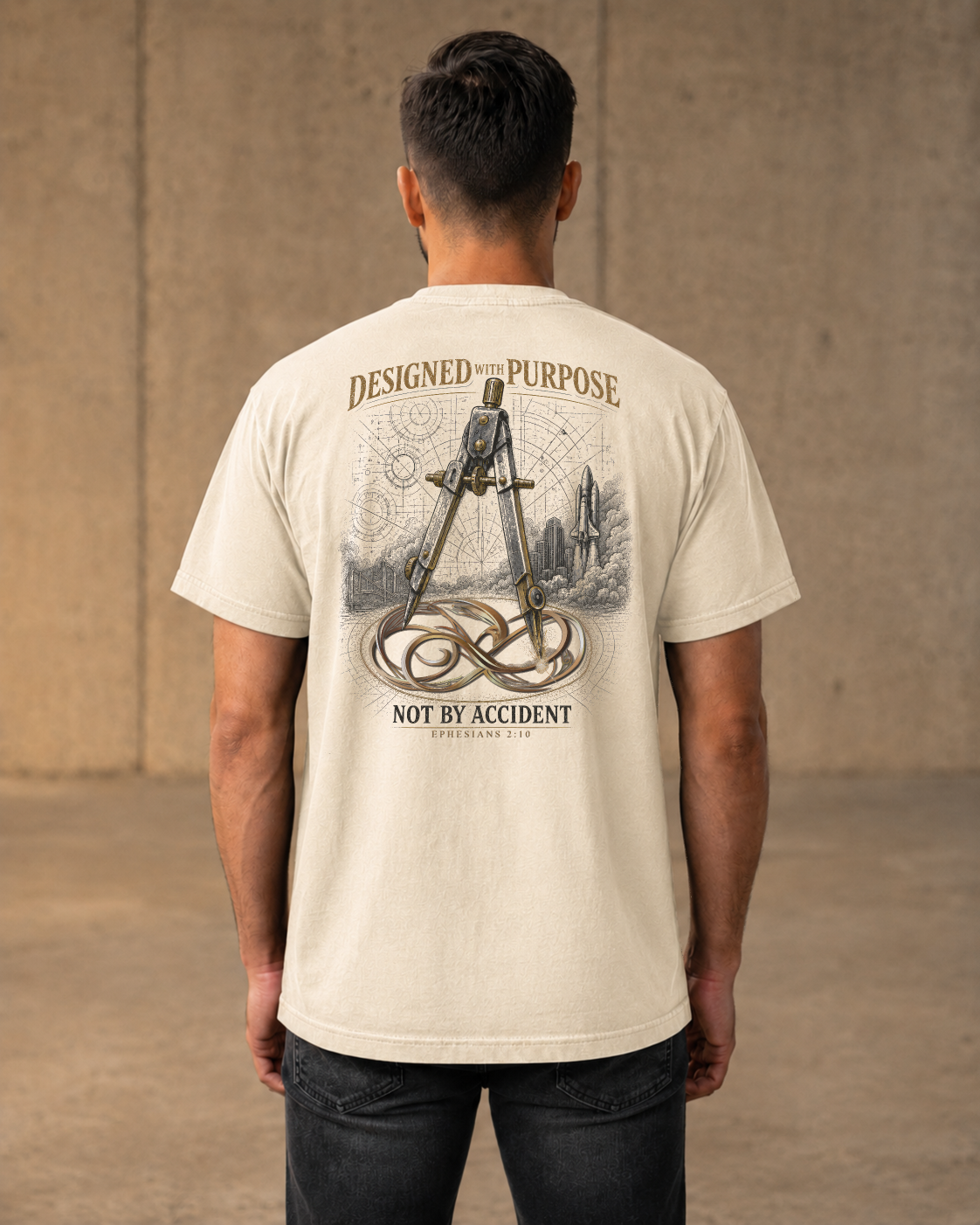 Purpose ivory heavyweight T-shirt with blueprint faith design - lifestyle view 1