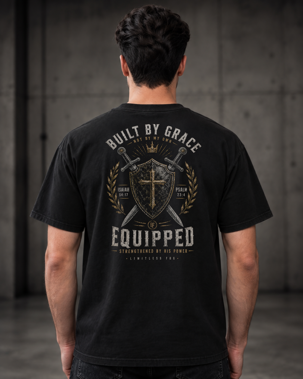 Shield black heavyweight T-shirt with Built By Grace shield and swords design - back lifestyle view