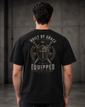 Shield black heavyweight T-shirt with Built By Grace shield and swords design - back lifestyle view