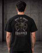 Shield black heavyweight T-shirt with Built By Grace shield and swords design - back lifestyle view