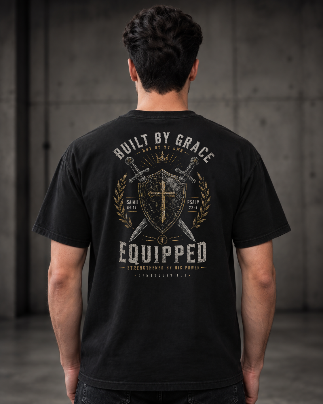 Shield black heavyweight T-shirt with Built By Grace shield and swords design - back lifestyle view