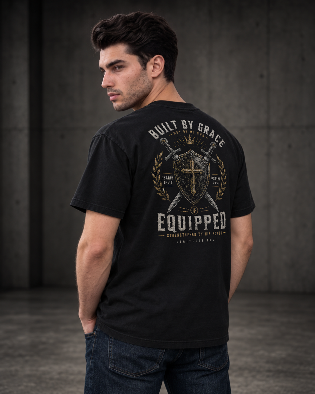 Shield black heavyweight T-shirt with Built By Grace shield and swords design - angled back lifestyle view