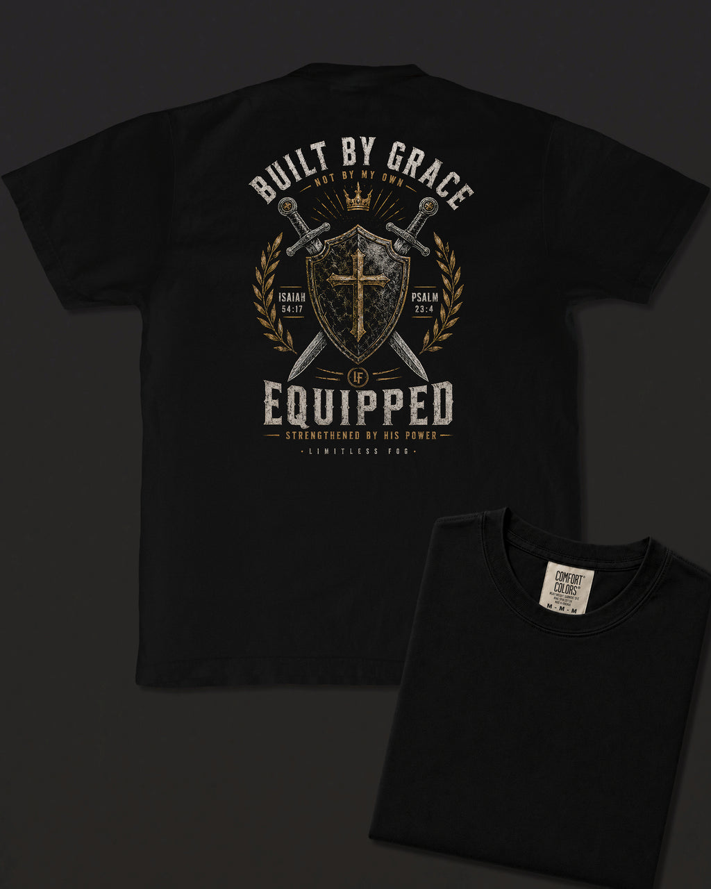 Shield black heavyweight T-shirt with Built By Grace shield and swords design - design flat lay