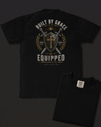 Shield black heavyweight T-shirt with Built By Grace shield and swords design - design flat lay