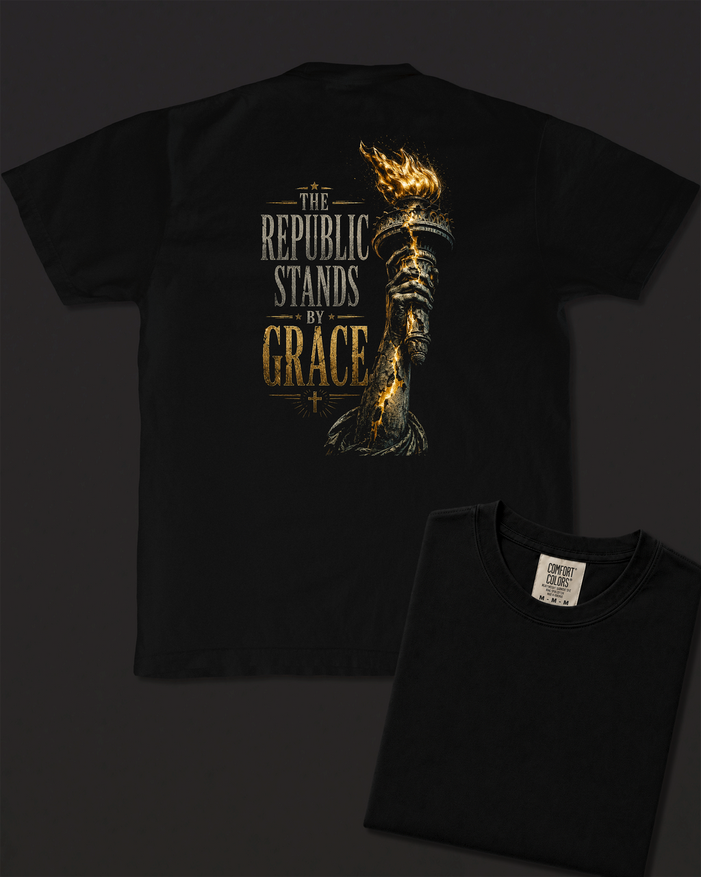 Torch black heavyweight T-shirt with The Republic Stands By Grace design - design flat lay