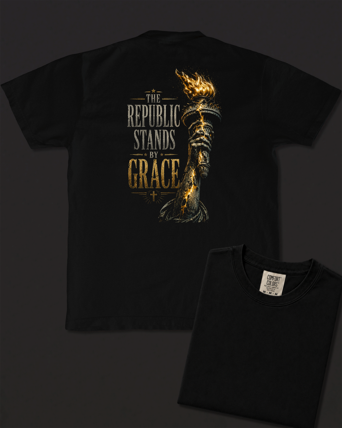 Torch black heavyweight T-shirt with The Republic Stands By Grace design - design flat lay