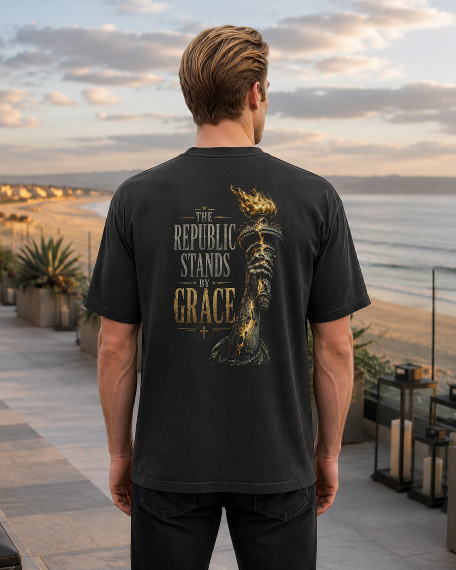 Torch black heavyweight T-shirt with The Republic Stands By Grace design - lifestyle view 1