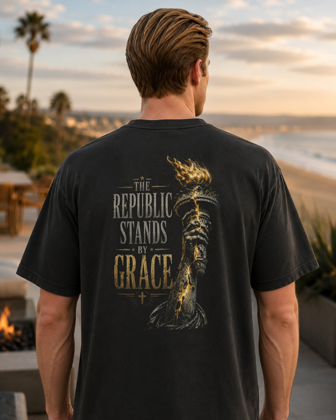 Torch black heavyweight T-shirt with The Republic Stands By Grace design - lifestyle view 3