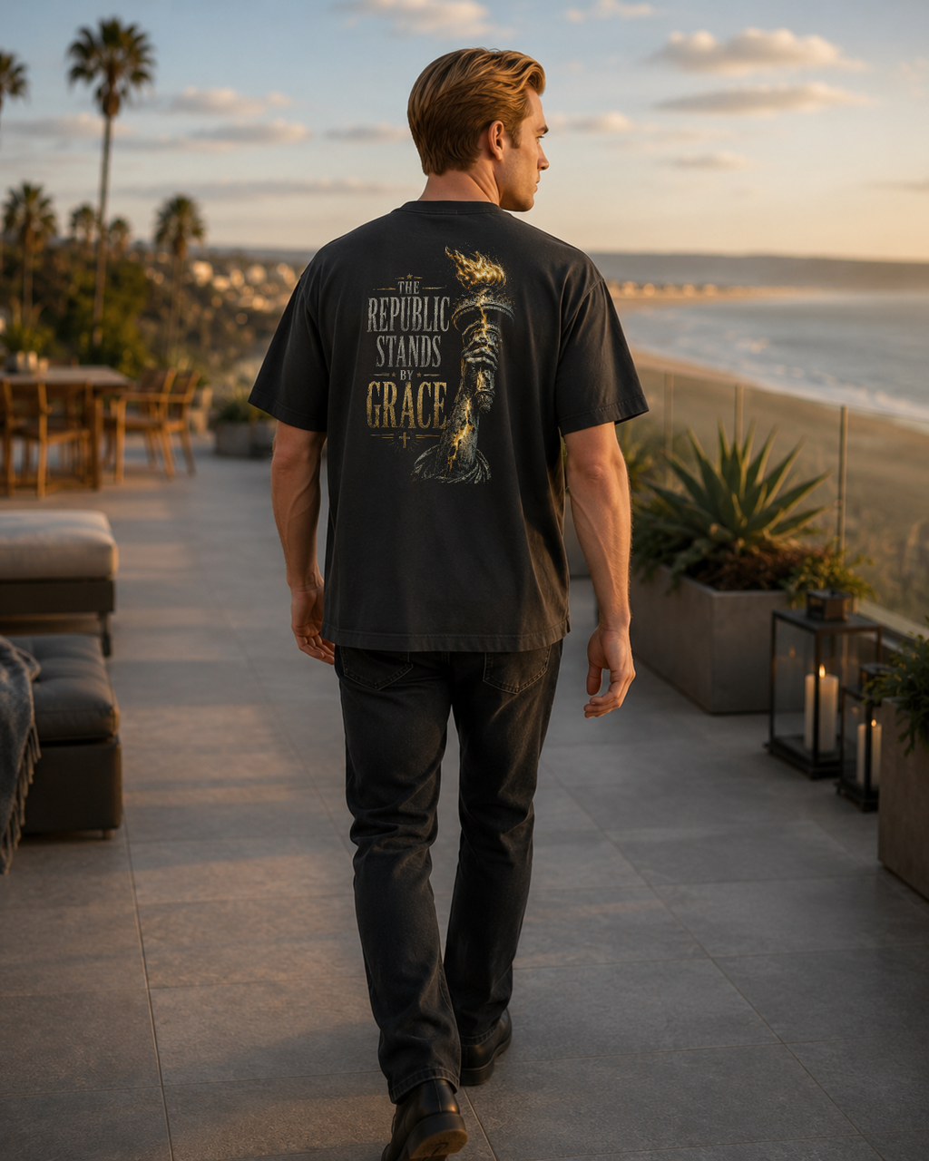 Torch black heavyweight T-shirt with The Republic Stands By Grace design - lifestyle view 4