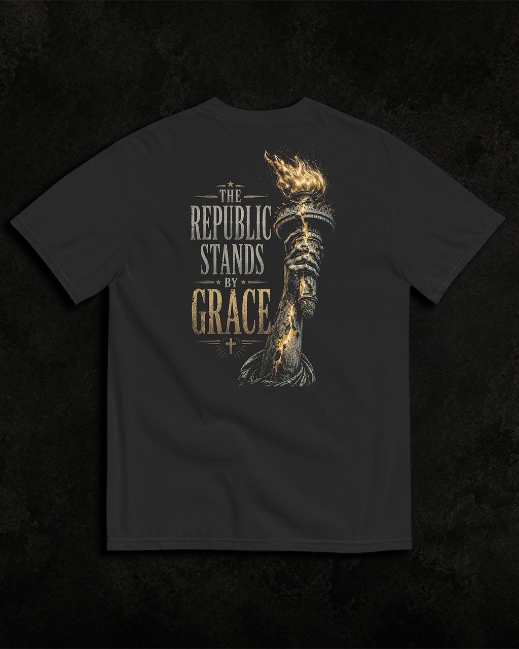 Torch black heavyweight T-shirt with The Republic Stands By Grace design - product-only view