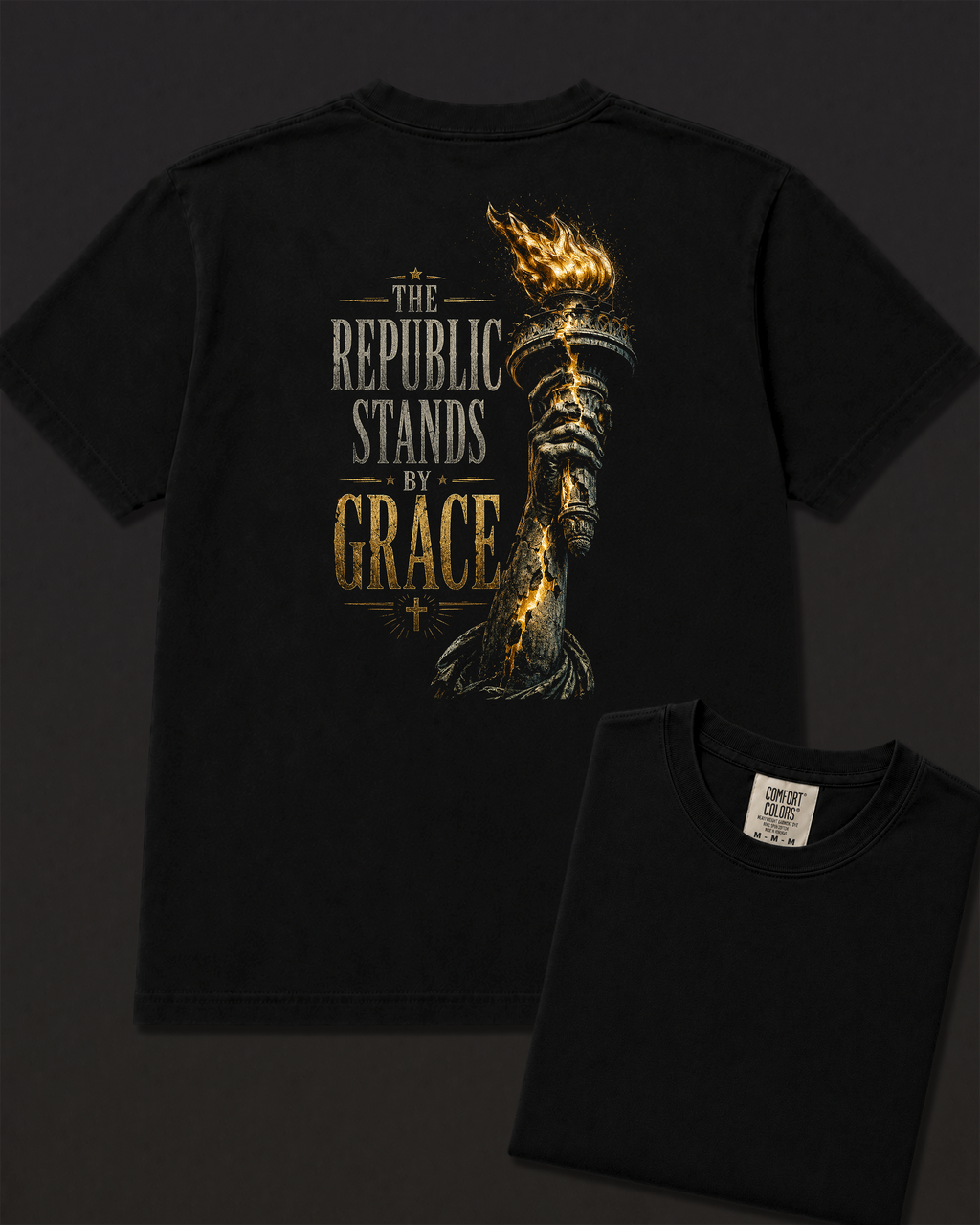 Torch black heavyweight T-shirt with The Republic Stands By Grace design - lifestyle view 5