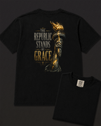 Torch black heavyweight T-shirt with The Republic Stands By Grace design - lifestyle view 5