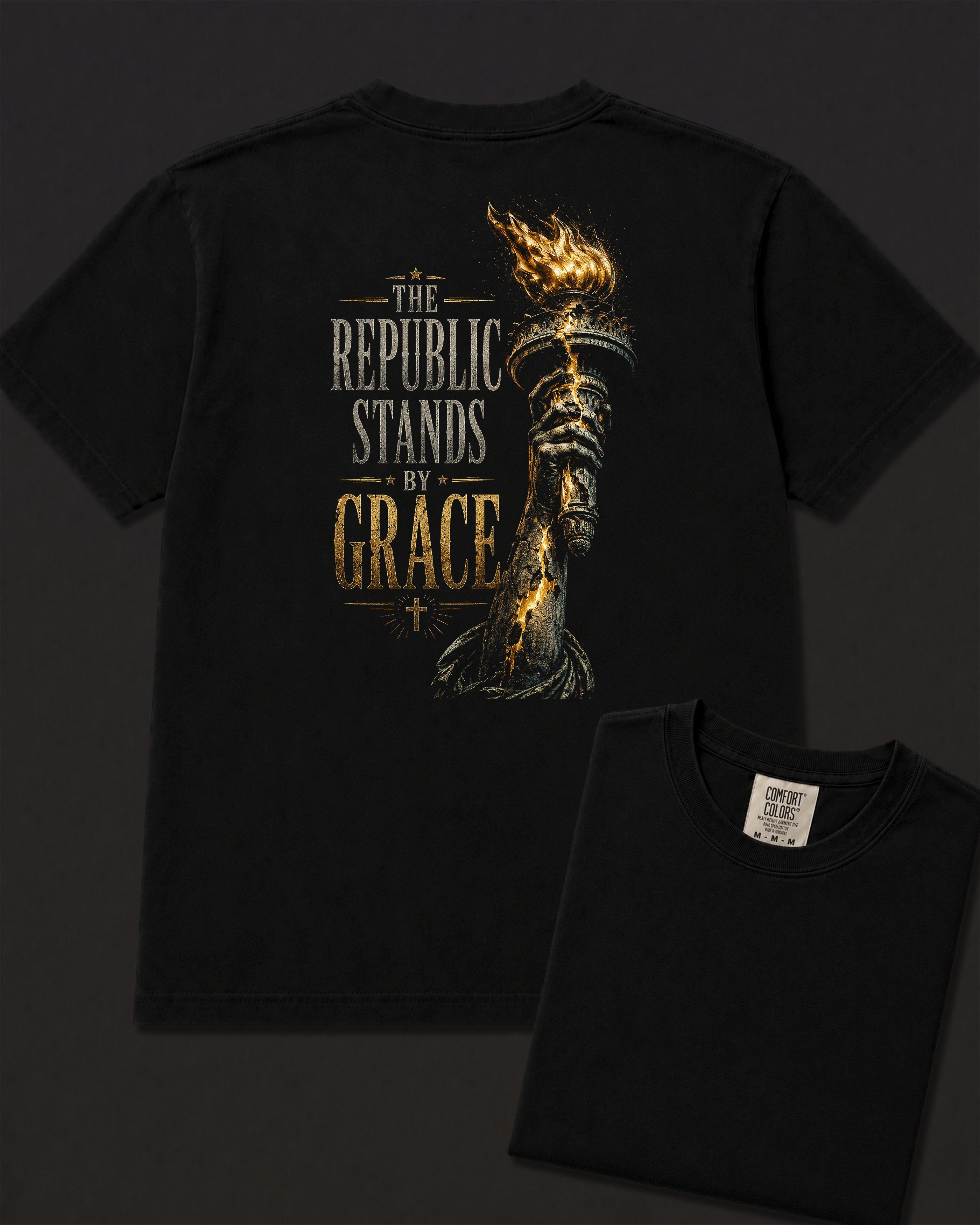 Torch black heavyweight T-shirt with The Republic Stands By Grace design - lifestyle view 5