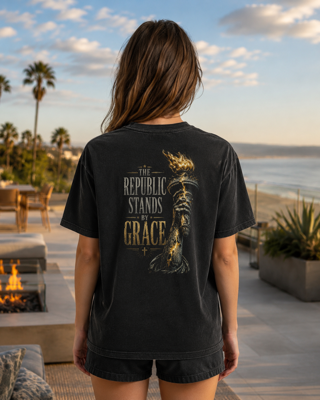Torch black heavyweight T-shirt with The Republic Stands By Grace design - alternate lifestyle view 1