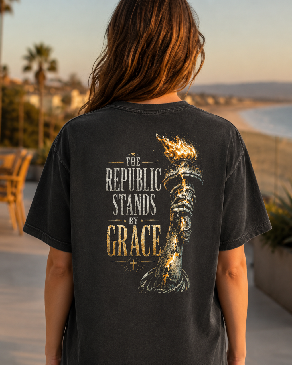 Torch black heavyweight T-shirt with The Republic Stands By Grace design - alternate lifestyle view 3