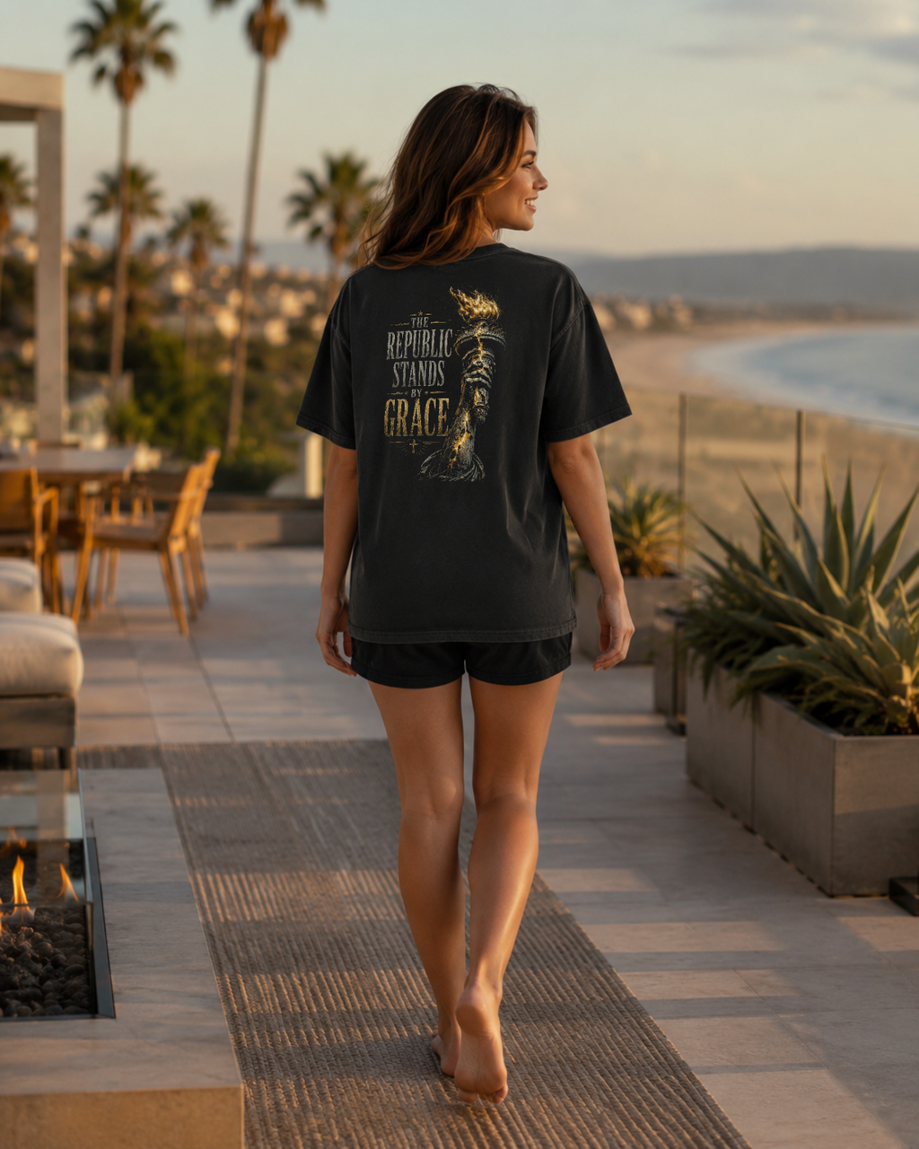 Torch black heavyweight T-shirt with The Republic Stands By Grace design - alternate lifestyle view 4