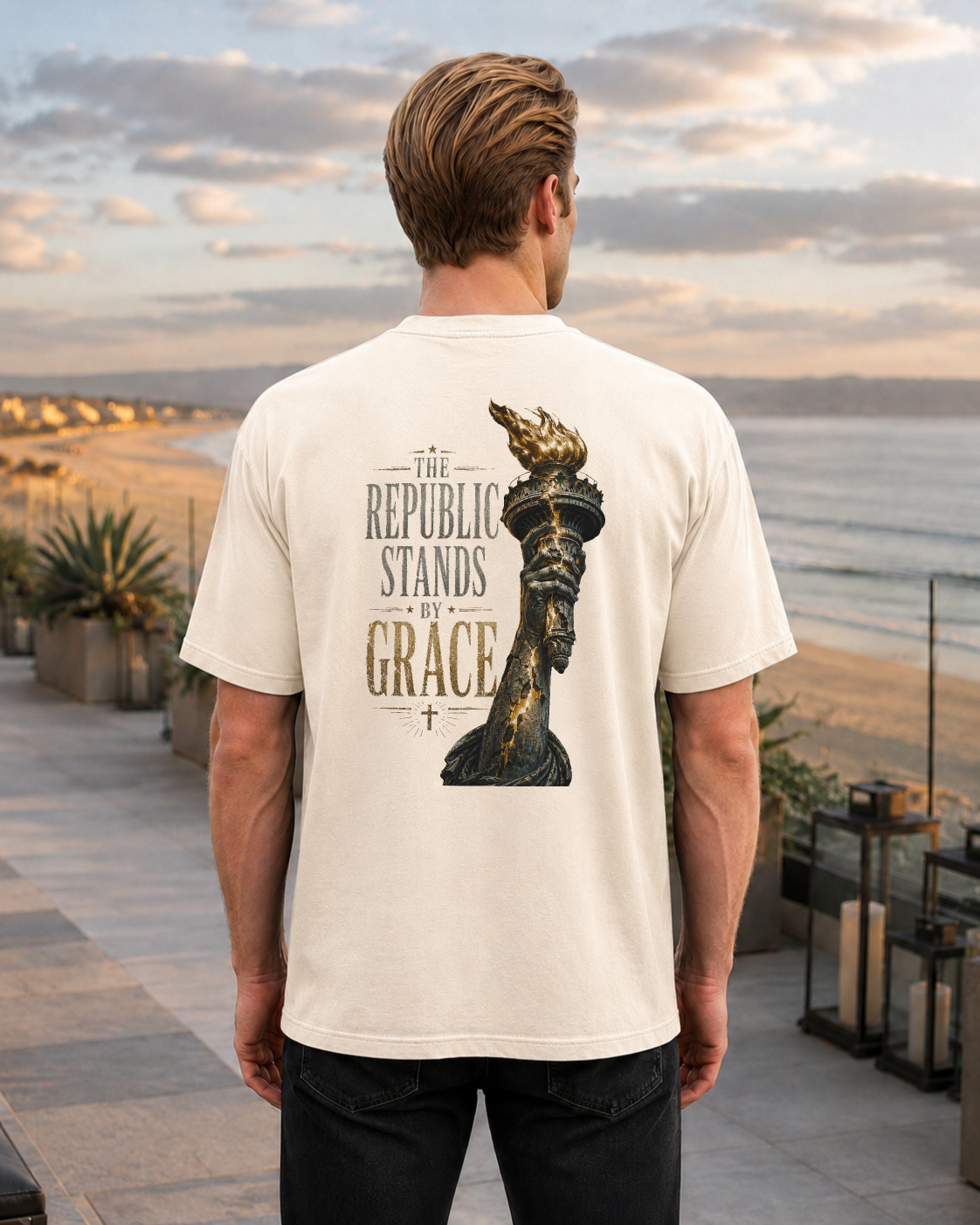 Torch ivory heavyweight T-shirt with The Republic Stands By Grace design - lifestyle view 1
