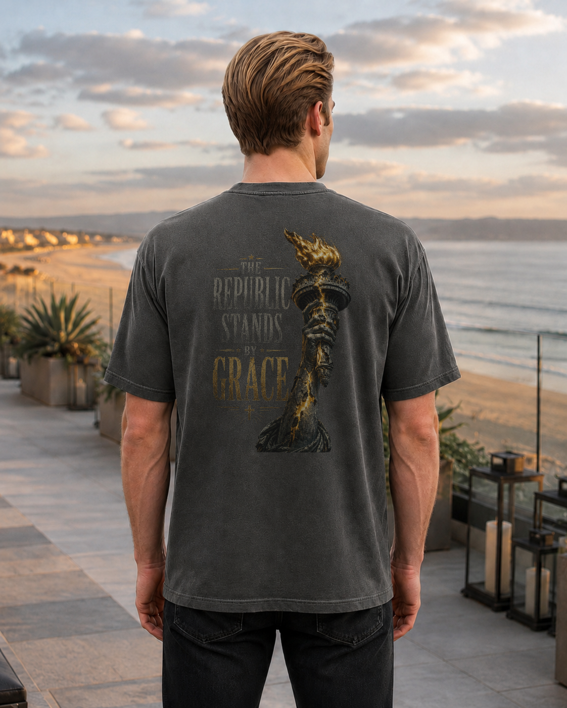 Torch pepper heavyweight T-shirt with The Republic Stands By Grace design - lifestyle view 1